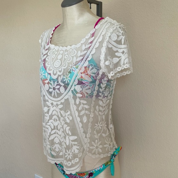 Xhilaration Sheer Lace Embroidered Boho Beach Coverup Top Size XS - Picture 5 of 12